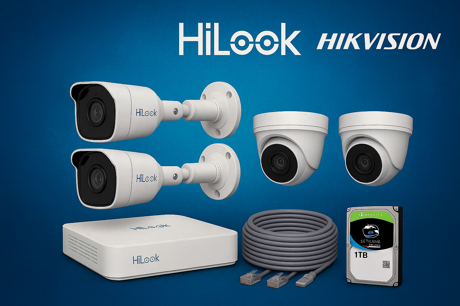 4 კამერიანი კომპლექტი Hilook ისგან. IP კამერები, NVR + 500MB HDD