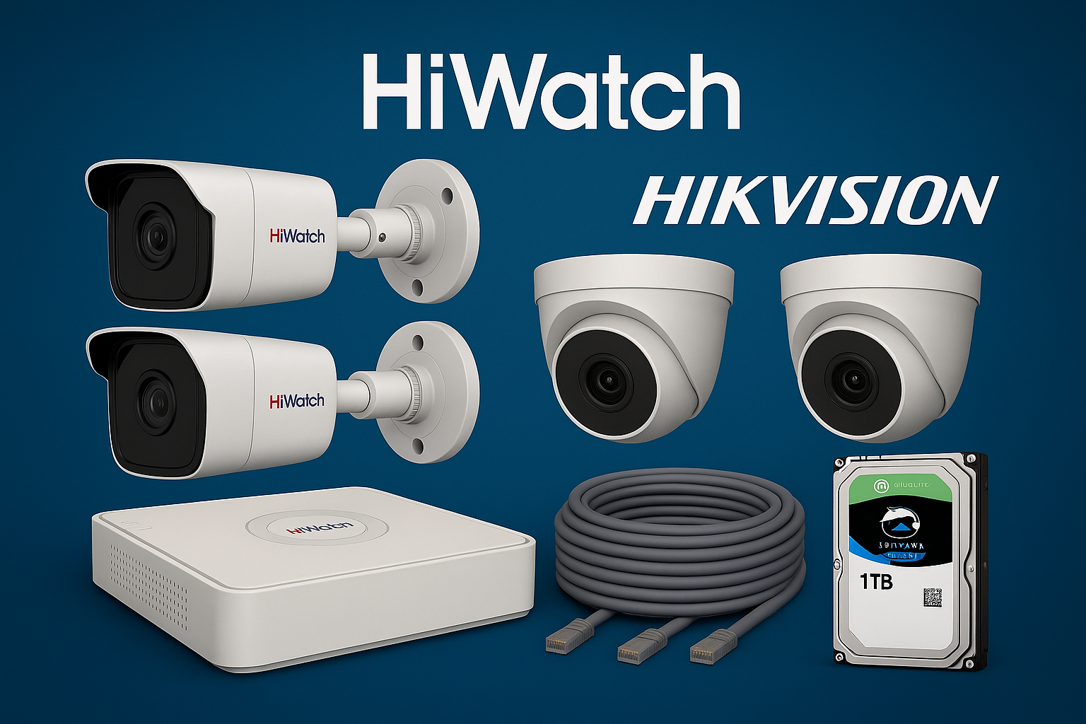 4 კამერიანი კომპლექტი HIWATCH ისგან. IP კამერები, Poe NVR + 1TB HDD