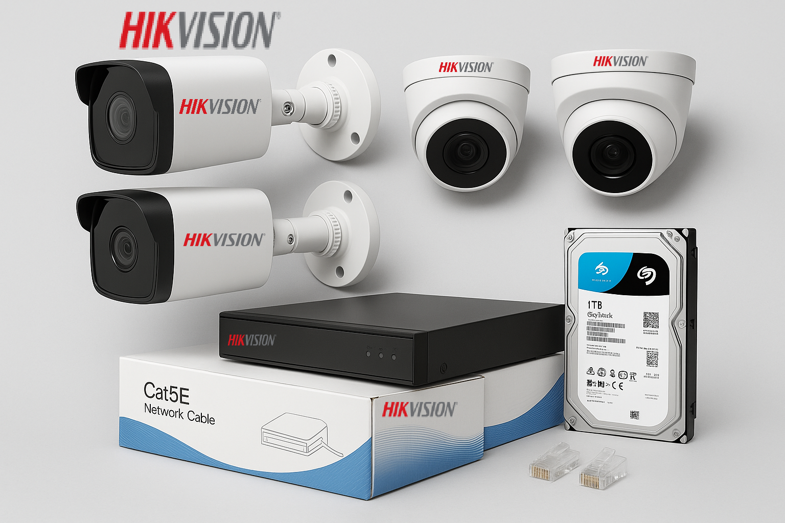 4 კამერიანი კომპლექტი HIKVISION ისგან. IP კამერები, Poe NVR + 1TB HDD