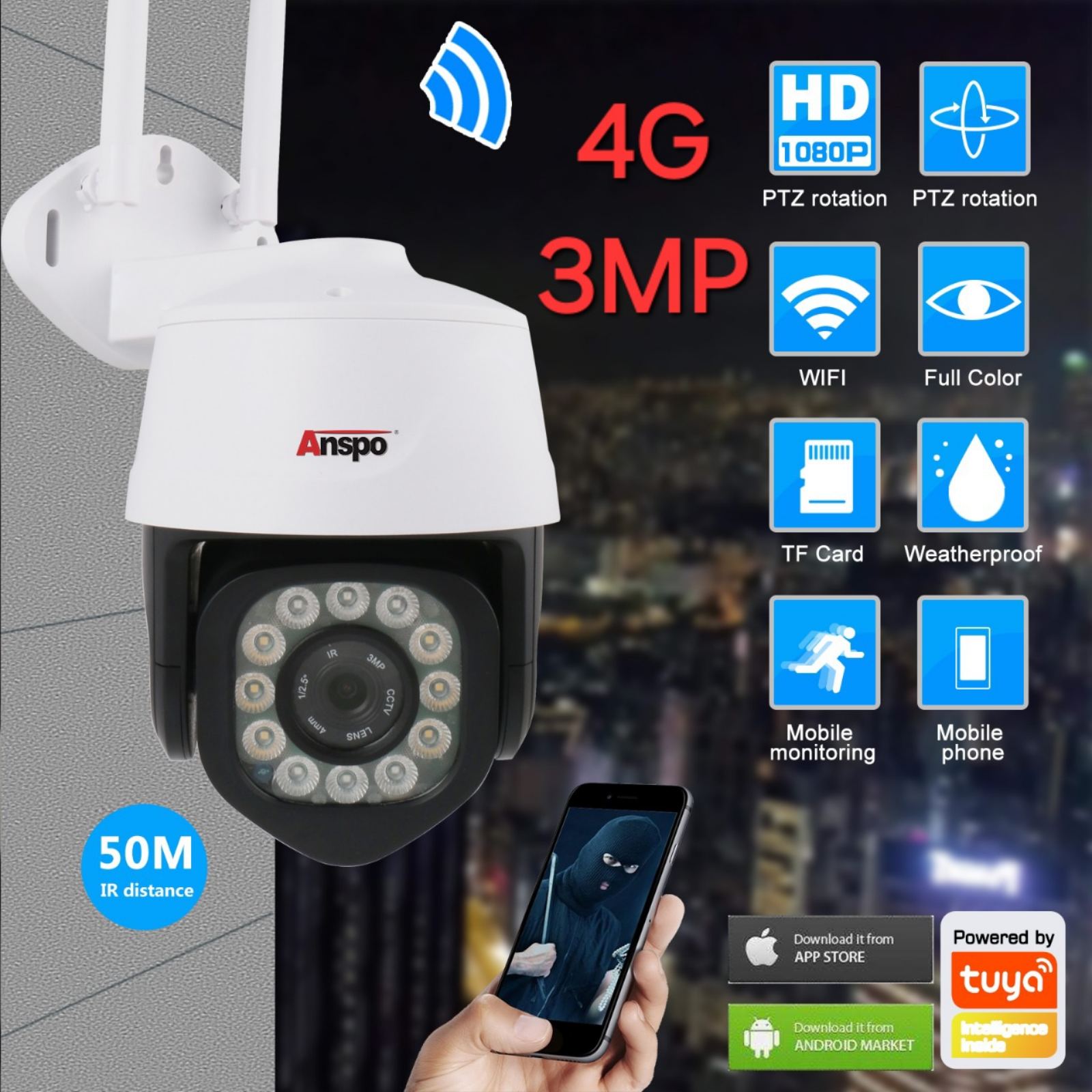 3MP-4G Sim Card Smart PTZ CCTV Wireless Home Security IP Camera ASP-IPC910S-300W-4G
